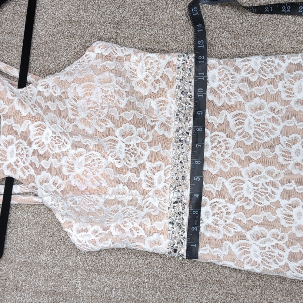 Long Lace Dress with Cutaway Bodice and Slit Skirt - Picture 9 of 14